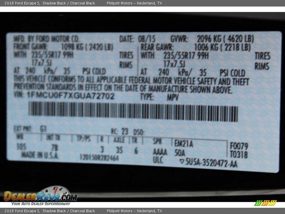 2016 Ford Escape S Shadow Black / Charcoal Black Photo #28