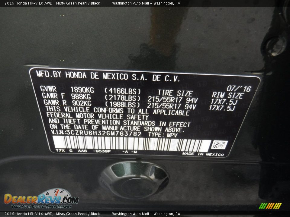 2016 Honda HR-V LX AWD Misty Green Pearl / Black Photo #26