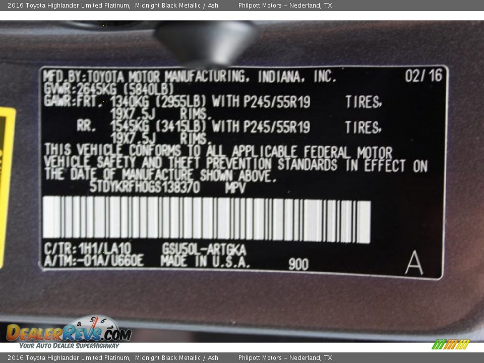 2016 Toyota Highlander Limited Platinum Midnight Black Metallic / Ash Photo #33