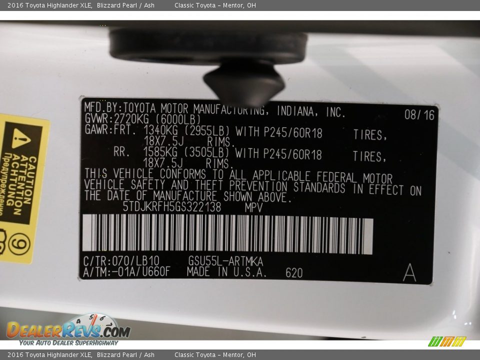 2016 Toyota Highlander XLE Blizzard Pearl / Ash Photo #22