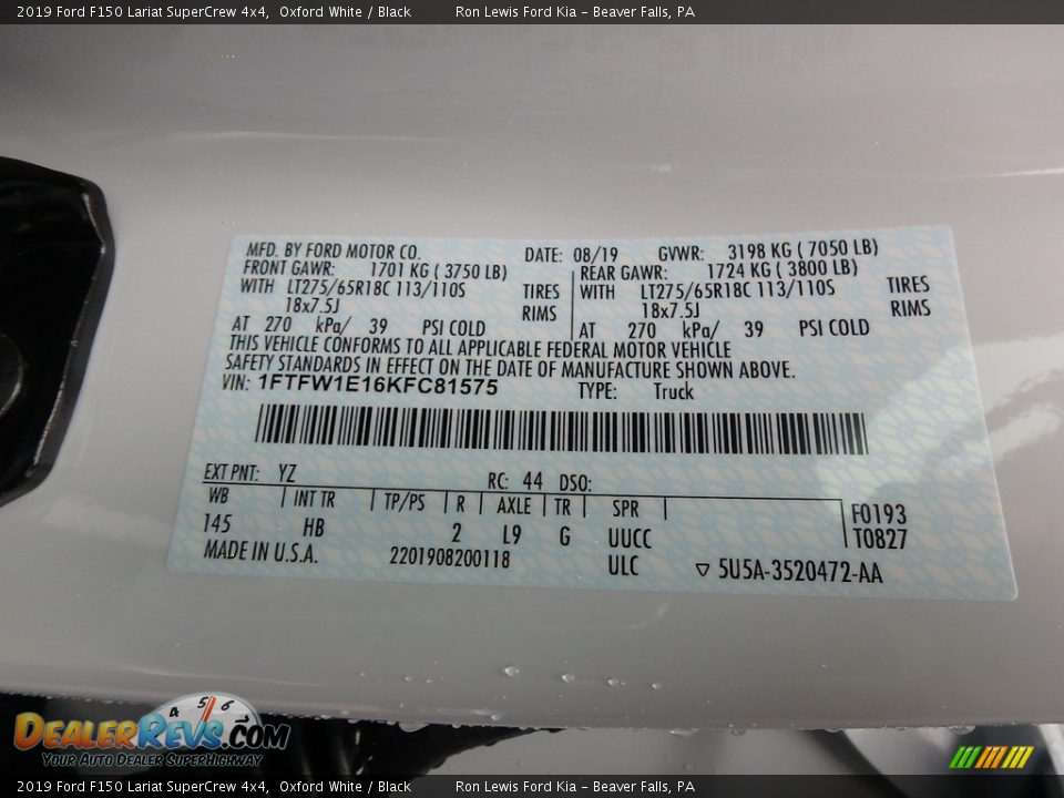 2019 Ford F150 Lariat SuperCrew 4x4 Oxford White / Black Photo #11