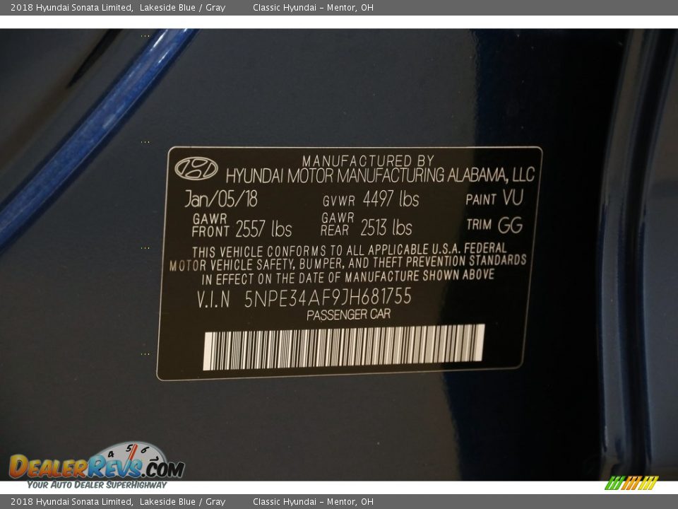 2018 Hyundai Sonata Limited Lakeside Blue / Gray Photo #21