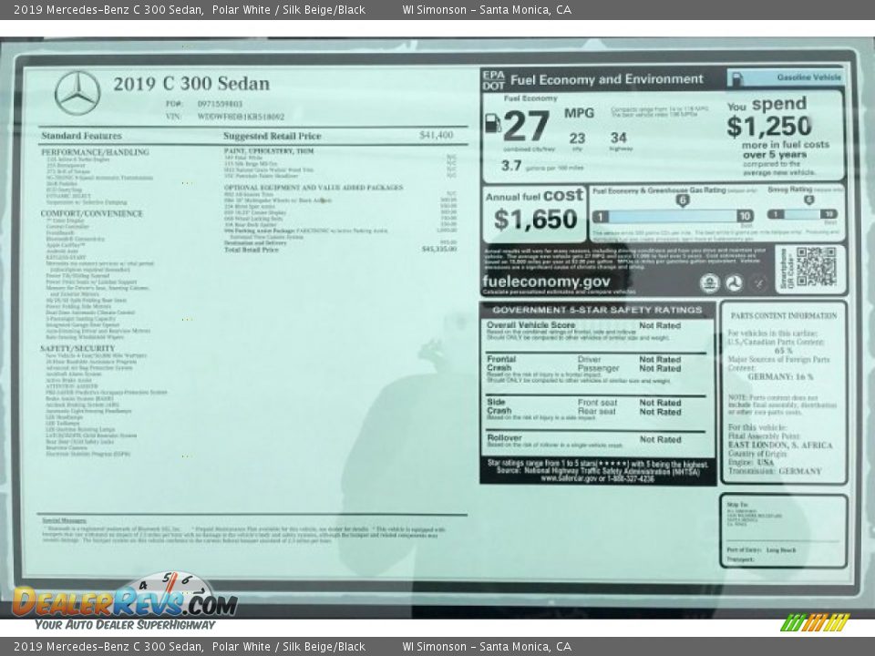 2019 Mercedes-Benz C 300 Sedan Polar White / Silk Beige/Black Photo #10