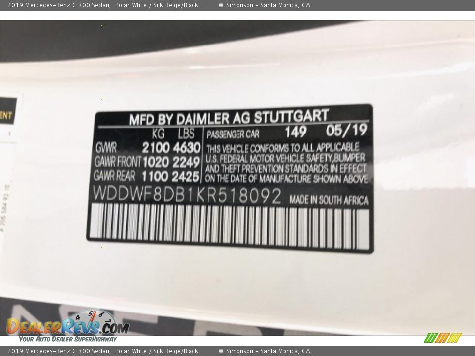 2019 Mercedes-Benz C 300 Sedan Polar White / Silk Beige/Black Photo #11