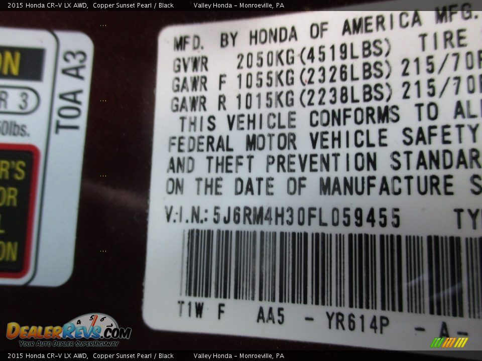 2015 Honda CR-V LX AWD Copper Sunset Pearl / Black Photo #19