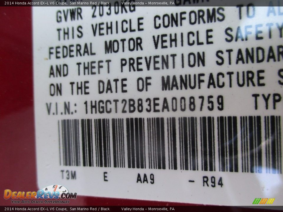 2014 Honda Accord EX-L V6 Coupe San Marino Red / Black Photo #19