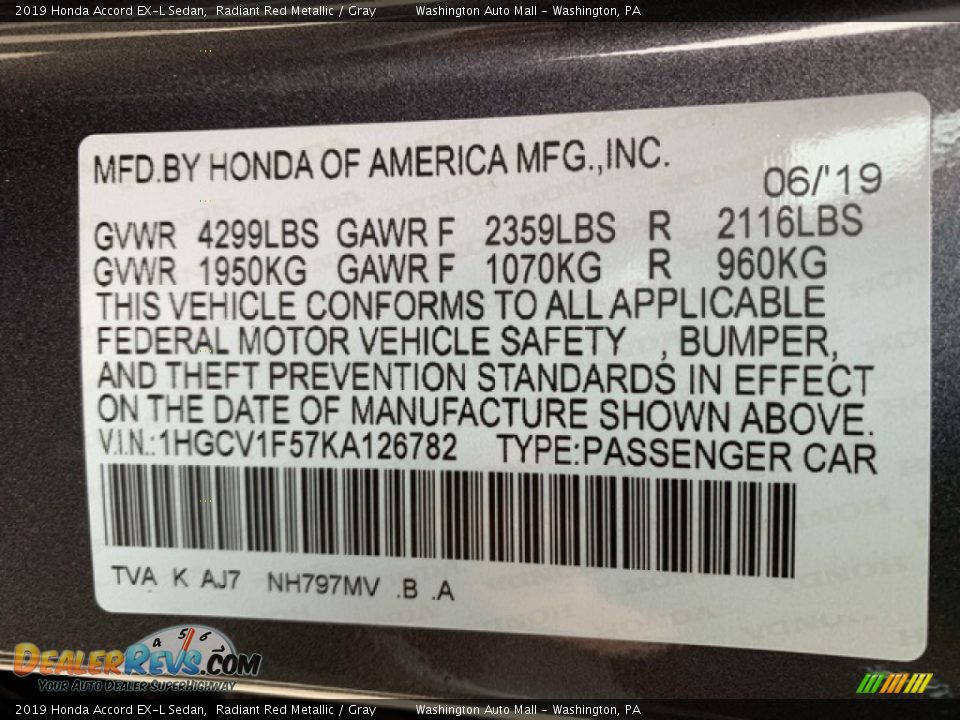 2019 Honda Accord EX-L Sedan Radiant Red Metallic / Gray Photo #9