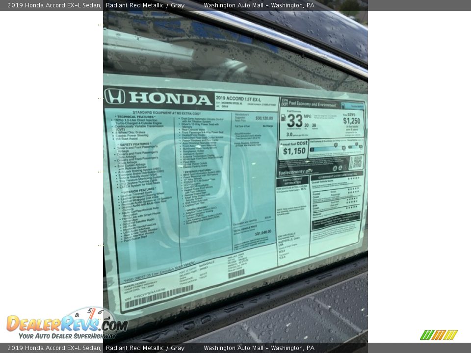 2019 Honda Accord EX-L Sedan Radiant Red Metallic / Gray Photo #15