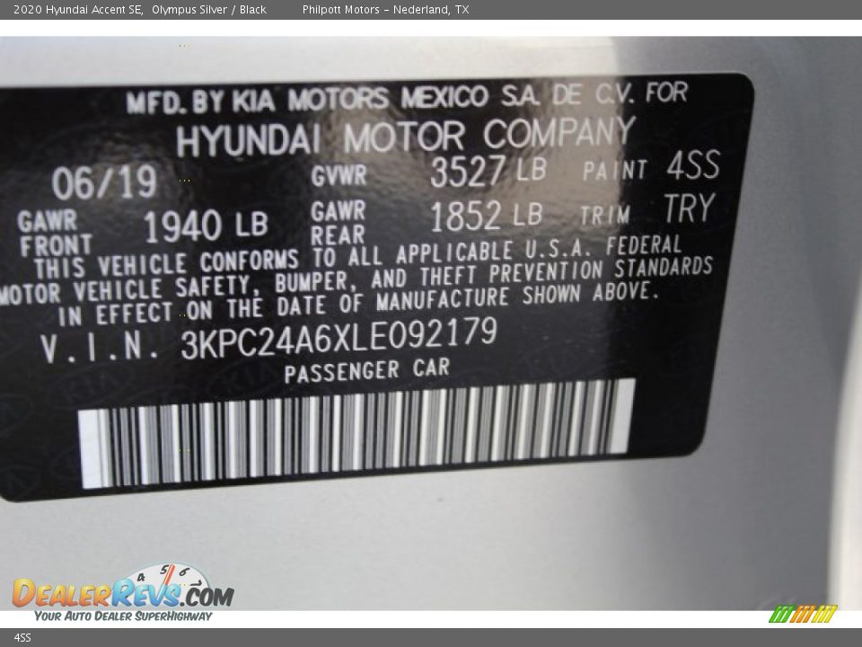 Hyundai Color Code 4SS Olympus Silver