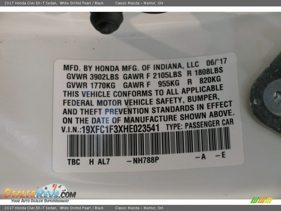 2017 Honda Civic EX-T Sedan White Orchid Pearl / Black Photo #23