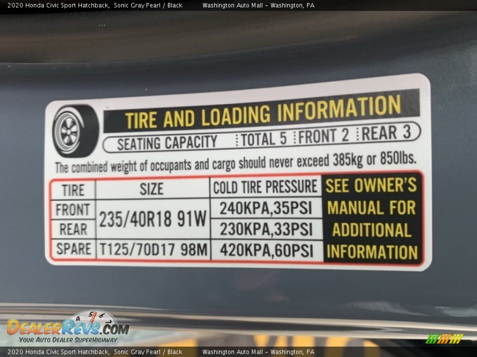 Info Tag of 2020 Honda Civic Sport Hatchback Photo #8