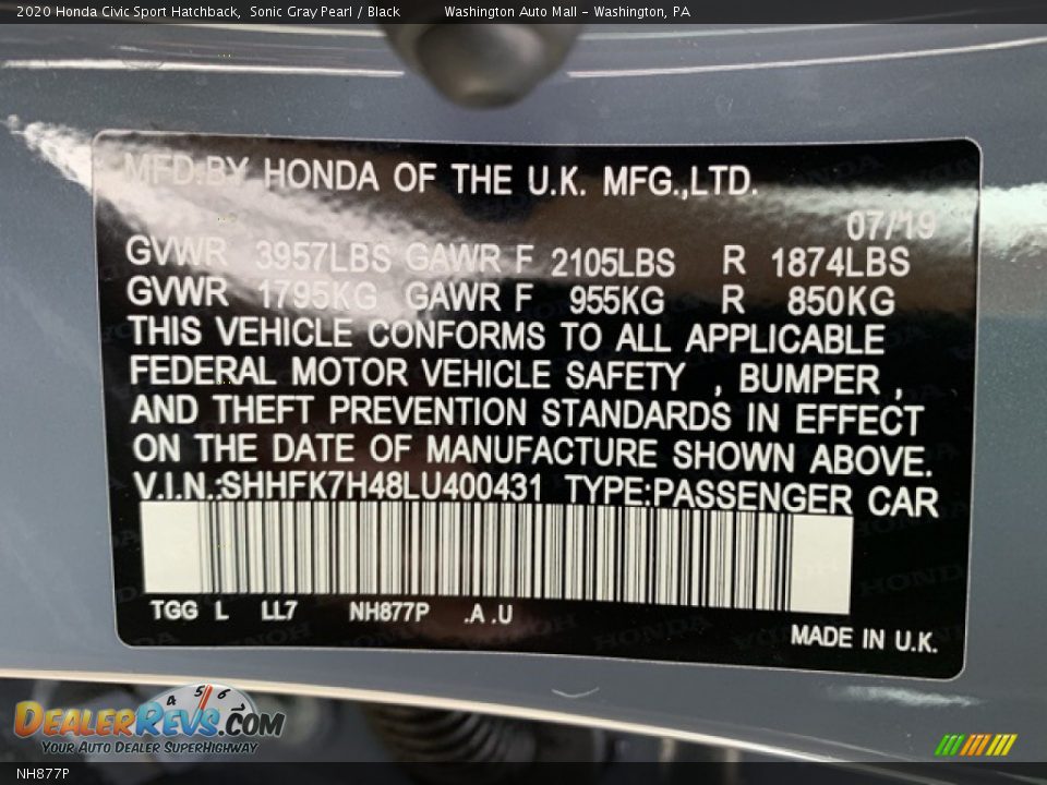 Honda Color Code NH877P Sonic Gray Pearl