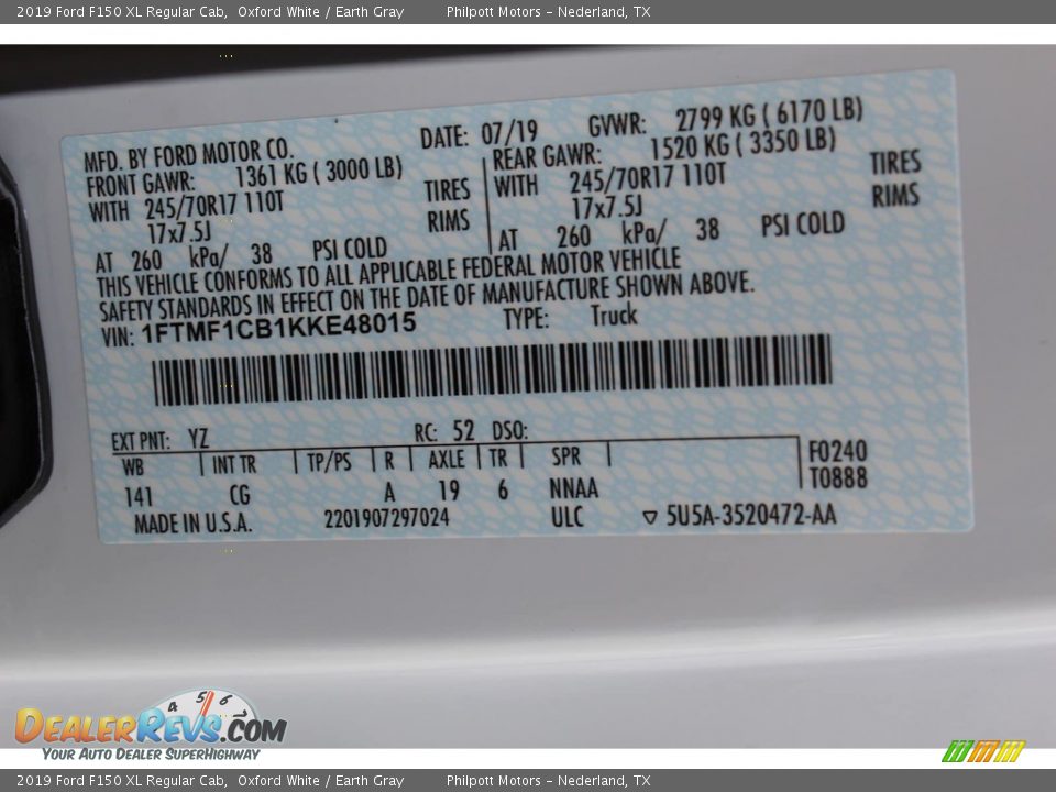 2019 Ford F150 XL Regular Cab Oxford White / Earth Gray Photo #17