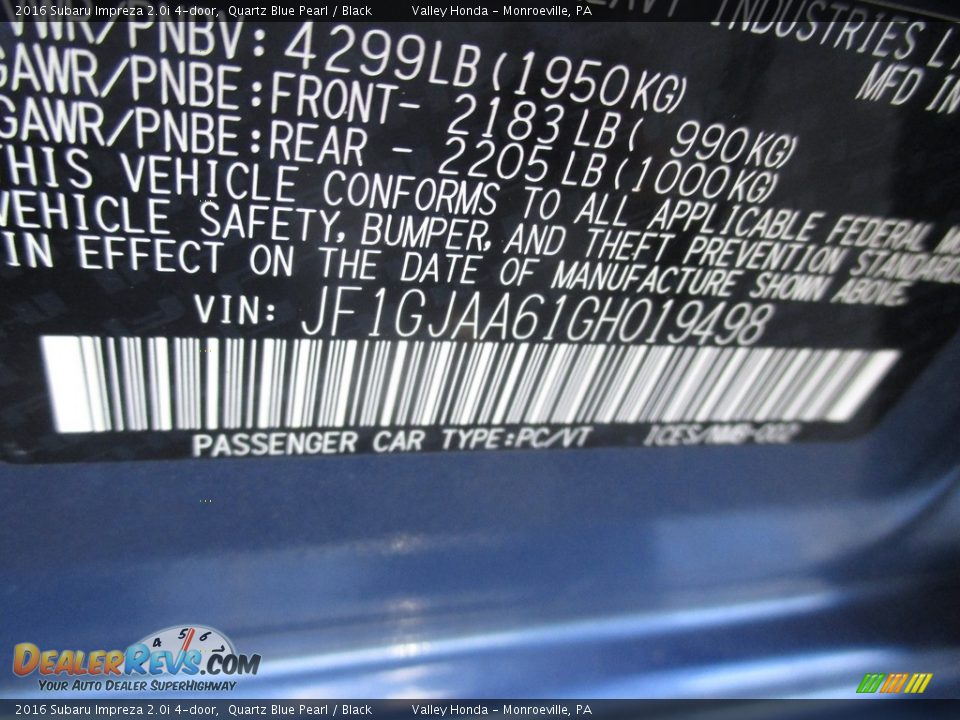 2016 Subaru Impreza 2.0i 4-door Quartz Blue Pearl / Black Photo #19