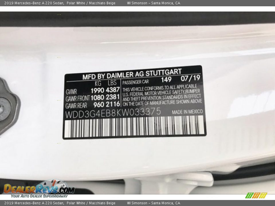 2019 Mercedes-Benz A 220 Sedan Polar White / Macchiato Beige Photo #11