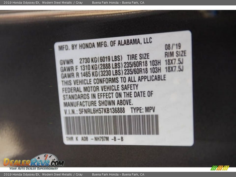 2019 Honda Odyssey EX Modern Steel Metallic / Gray Photo #18