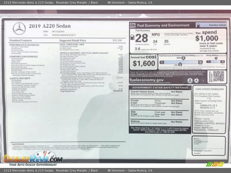 2019 Mercedes-Benz A 220 Sedan Mountain Grey Metallic / Black Photo #10