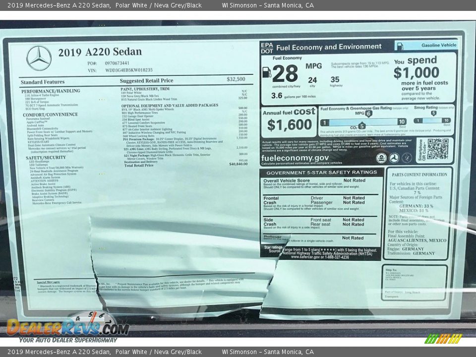 2019 Mercedes-Benz A 220 Sedan Polar White / Neva Grey/Black Photo #10