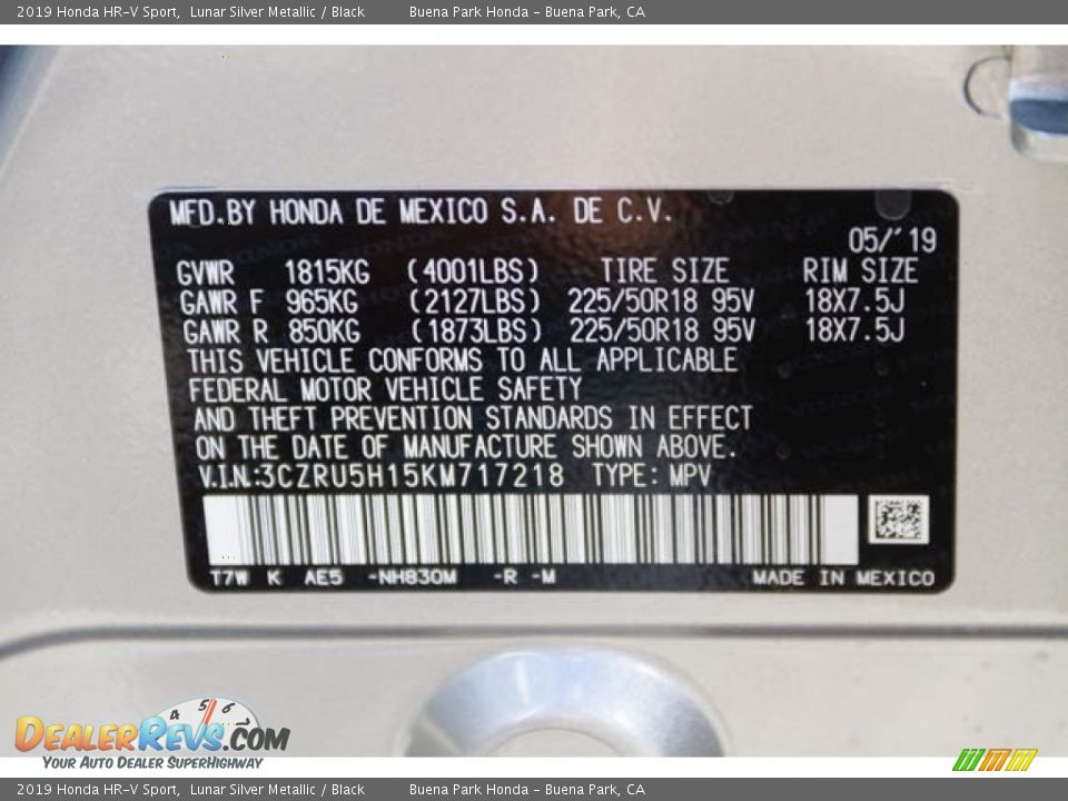 2019 Honda HR-V Sport Lunar Silver Metallic / Black Photo #35