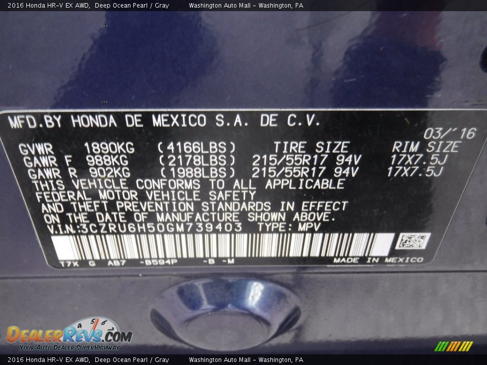 2016 Honda HR-V EX AWD Deep Ocean Pearl / Gray Photo #26
