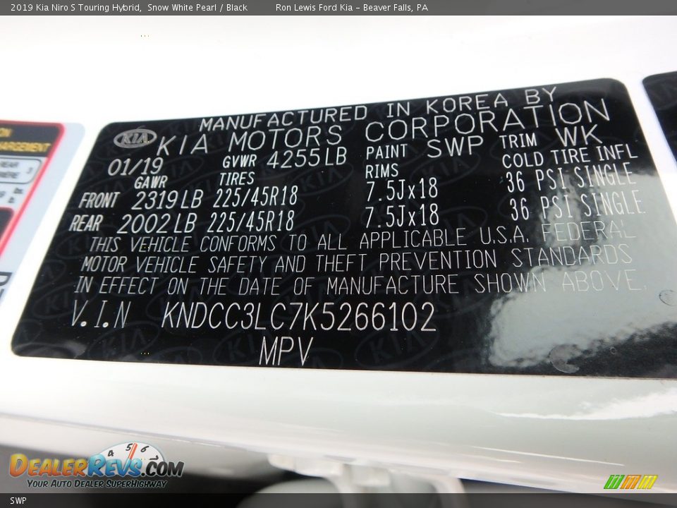Kia Color Code SWP Snow White Pearl