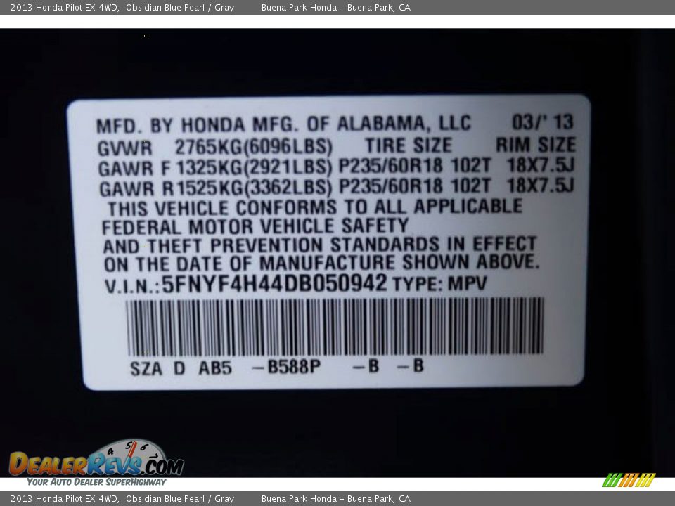 2013 Honda Pilot EX 4WD Obsidian Blue Pearl / Gray Photo #36