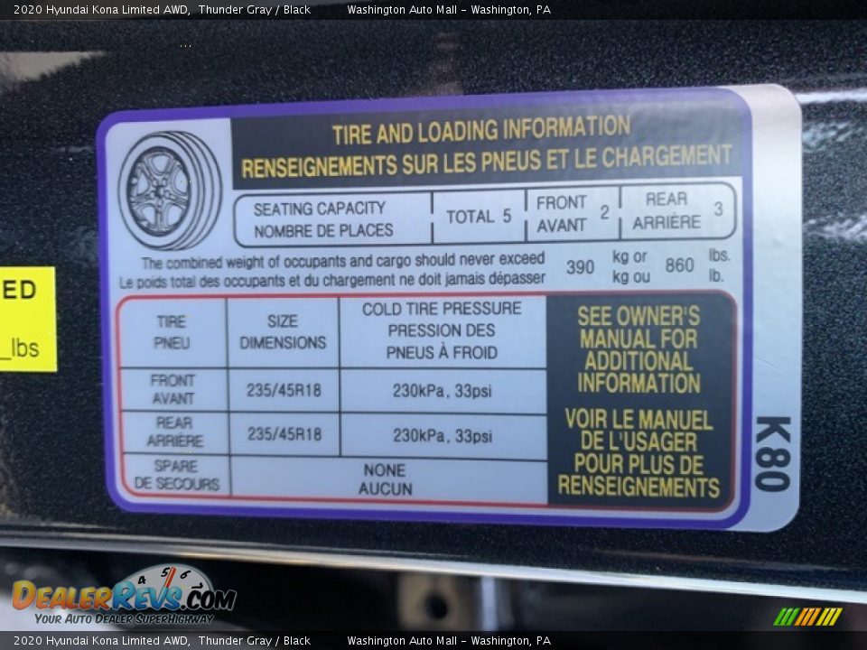 Info Tag of 2020 Hyundai Kona Limited AWD Photo #9