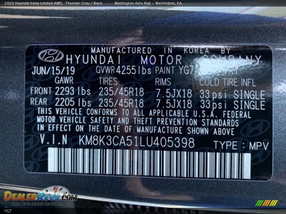 Hyundai Color Code YG7 Thunder Gray