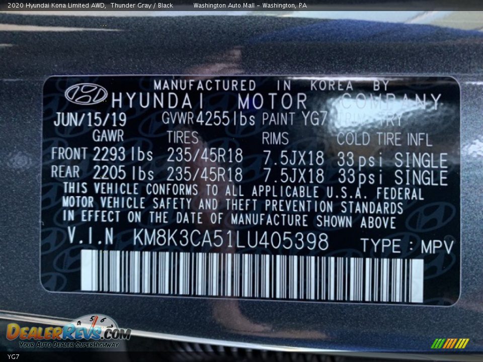 Hyundai Color Code YG7 Thunder Gray