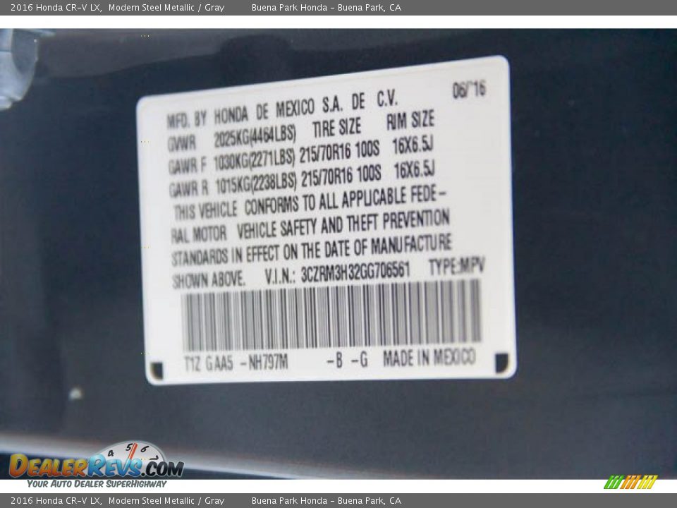 2016 Honda CR-V LX Modern Steel Metallic / Gray Photo #35