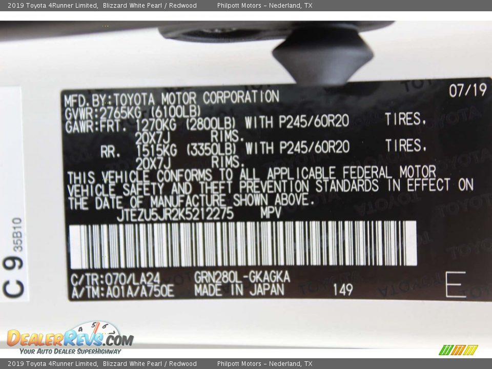 2019 Toyota 4Runner Limited Blizzard White Pearl / Redwood Photo #26