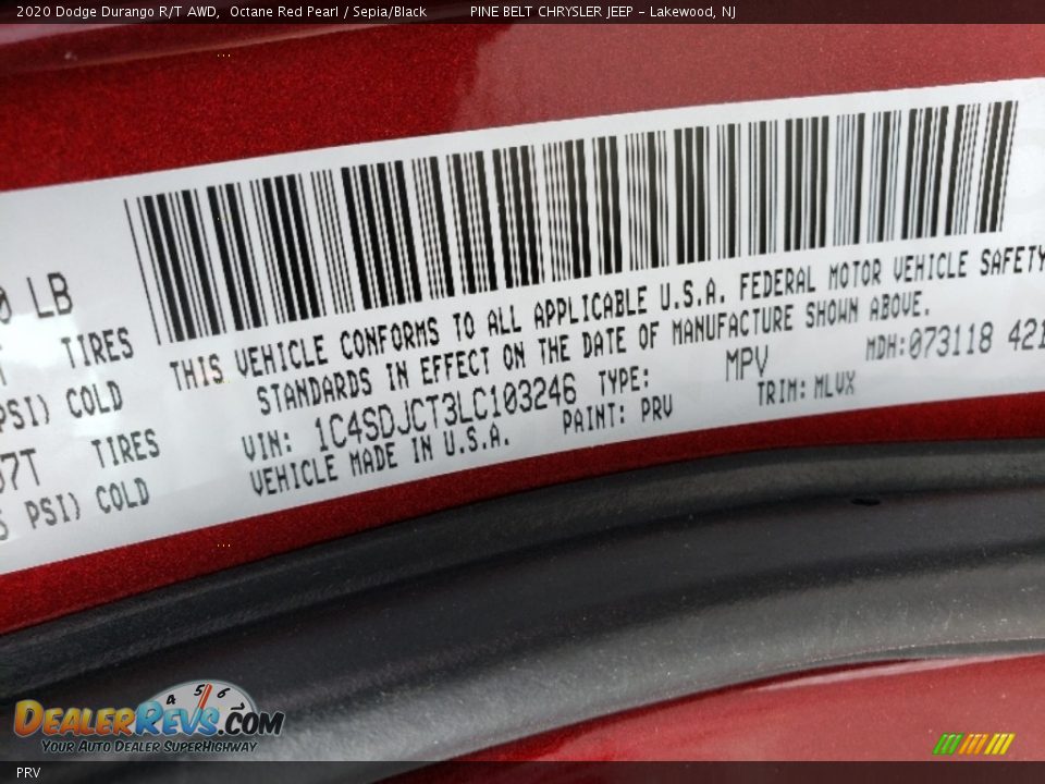 Dodge Color Code PRV Octane Red Pearl