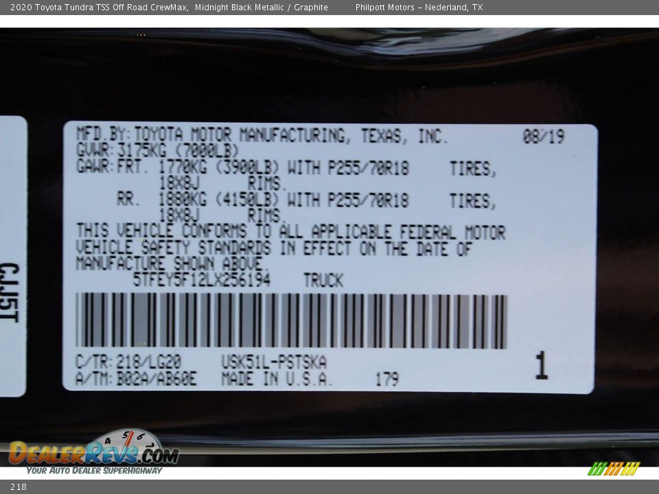 Toyota Color Code 218 Midnight Black Metallic