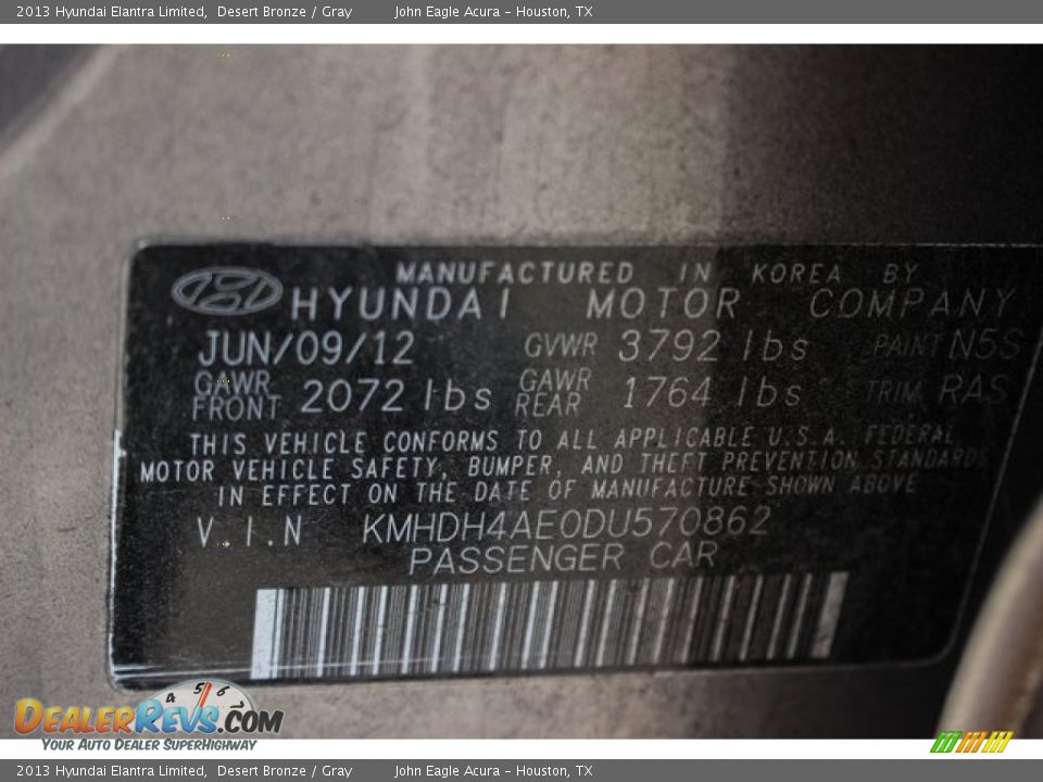 2013 Hyundai Elantra Limited Desert Bronze / Gray Photo #13