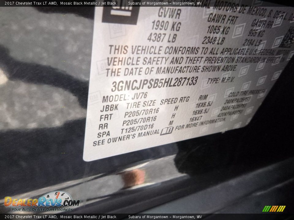 2017 Chevrolet Trax LT AWD Mosaic Black Metallic / Jet Black Photo #16