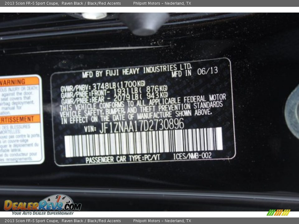 2013 Scion FR-S Sport Coupe Raven Black / Black/Red Accents Photo #25