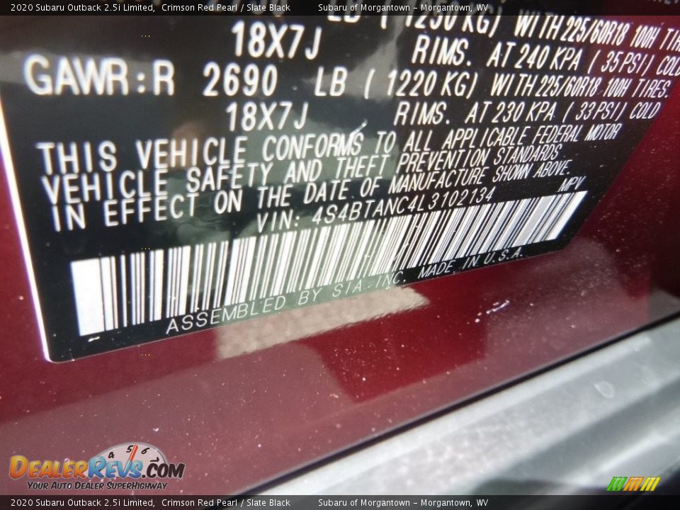 2020 Subaru Outback 2.5i Limited Crimson Red Pearl / Slate Black Photo #16