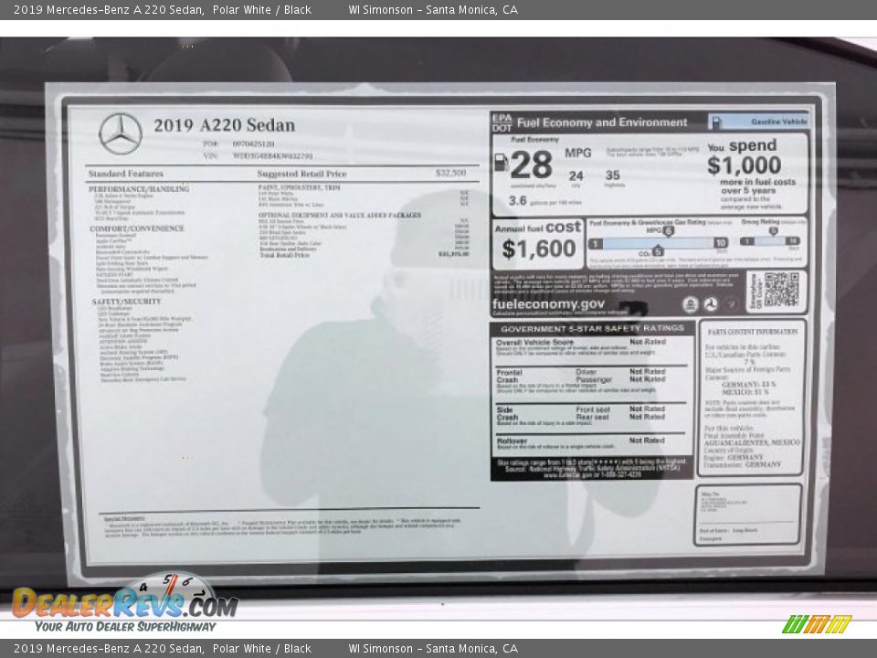 2019 Mercedes-Benz A 220 Sedan Polar White / Black Photo #10