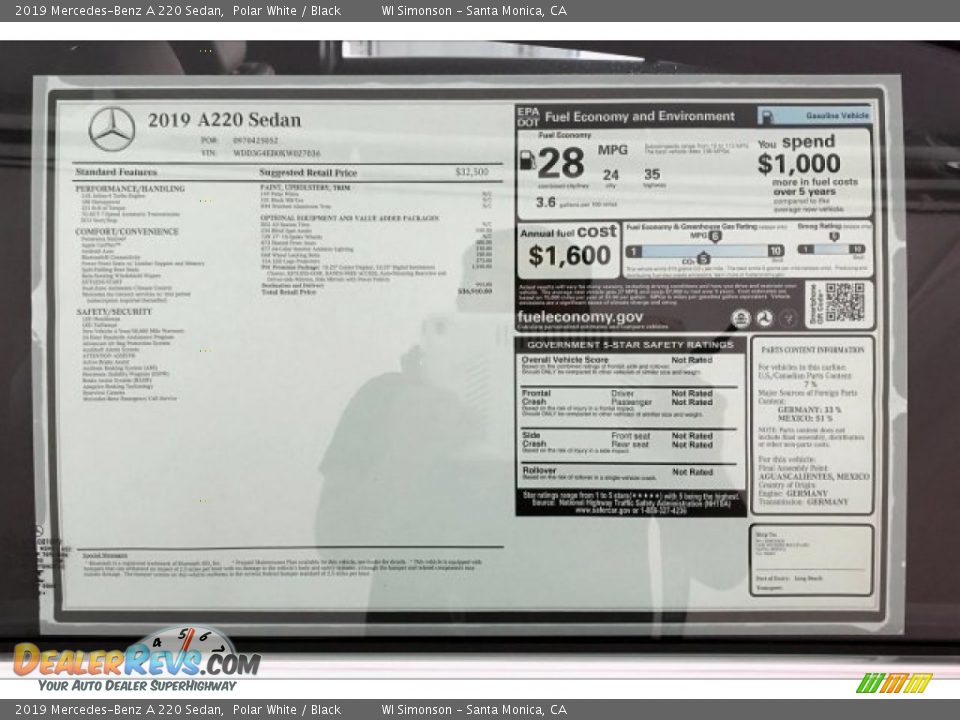 2019 Mercedes-Benz A 220 Sedan Polar White / Black Photo #10