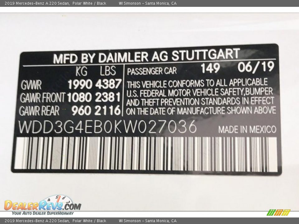 2019 Mercedes-Benz A 220 Sedan Polar White / Black Photo #11