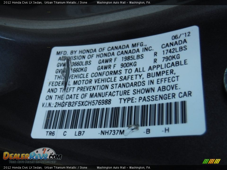 2012 Honda Civic LX Sedan Urban Titanium Metallic / Stone Photo #24