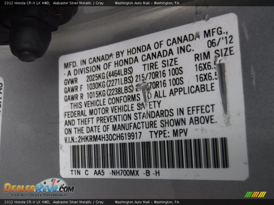 2012 Honda CR-V LX 4WD Alabaster Silver Metallic / Gray Photo #24