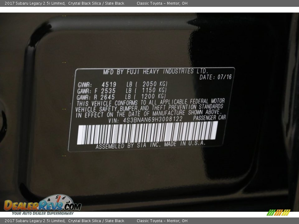 2017 Subaru Legacy 2.5i Limited Crystal Black Silica / Slate Black Photo #21