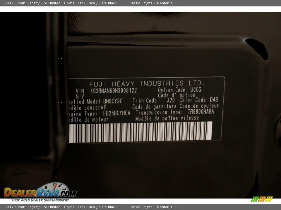 2017 Subaru Legacy 2.5i Limited Crystal Black Silica / Slate Black Photo #22