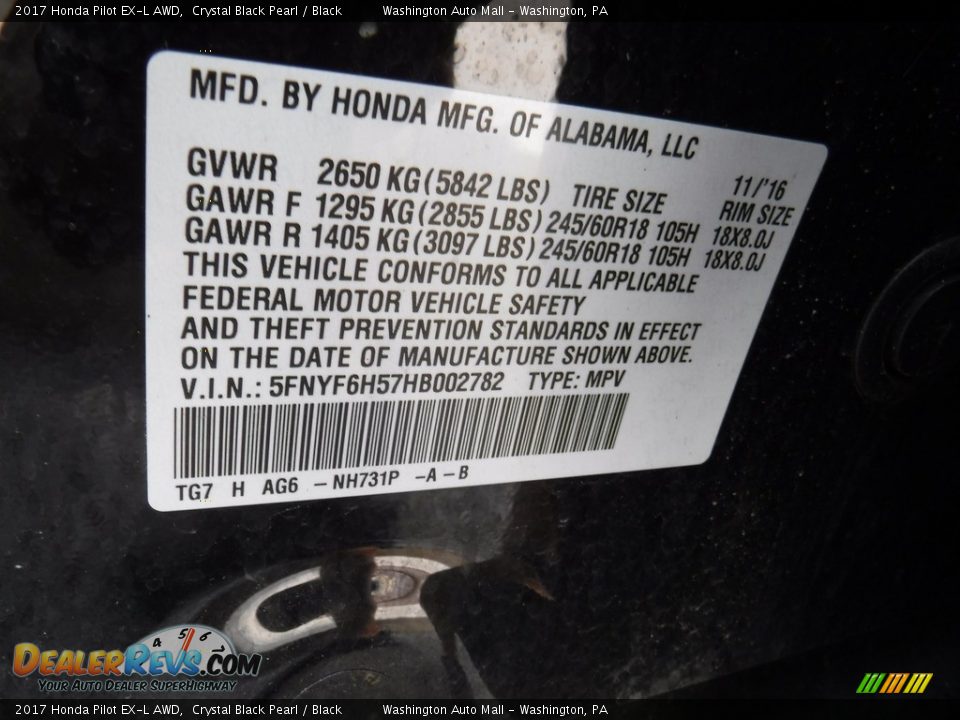 2017 Honda Pilot EX-L AWD Crystal Black Pearl / Black Photo #27