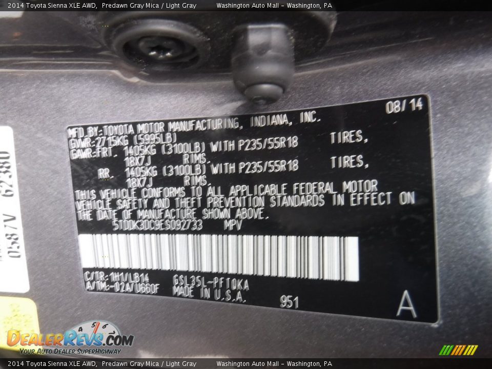 2014 Toyota Sienna XLE AWD Predawn Gray Mica / Light Gray Photo #28