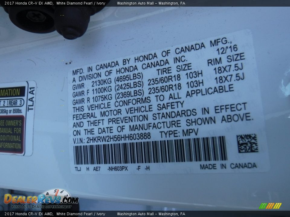 2017 Honda CR-V EX AWD White Diamond Pearl / Ivory Photo #30