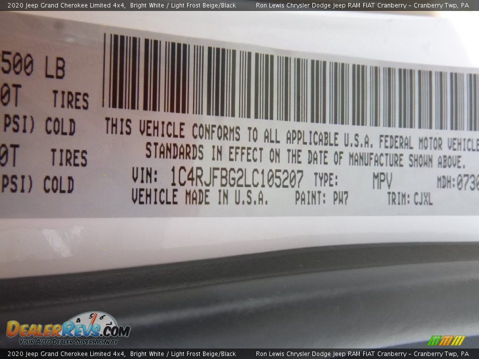 2020 Jeep Grand Cherokee Limited 4x4 Bright White / Light Frost Beige/Black Photo #16