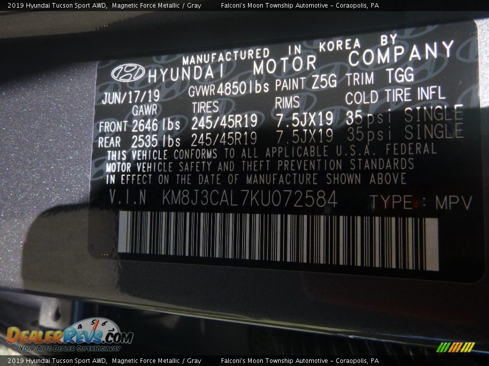 2019 Hyundai Tucson Sport AWD Magnetic Force Metallic / Gray Photo #12