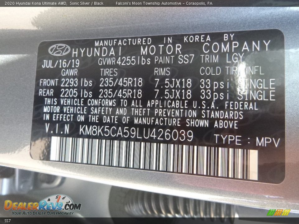 Hyundai Color Code SS7 Sonic Silver